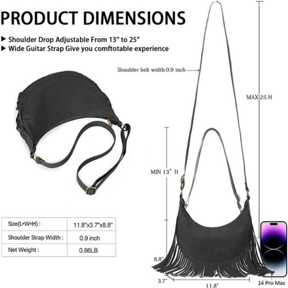 Boho Fringe Purse Small Crossbody Hobo Bags for Women Vegan Suede Western - Picture 4 of 6